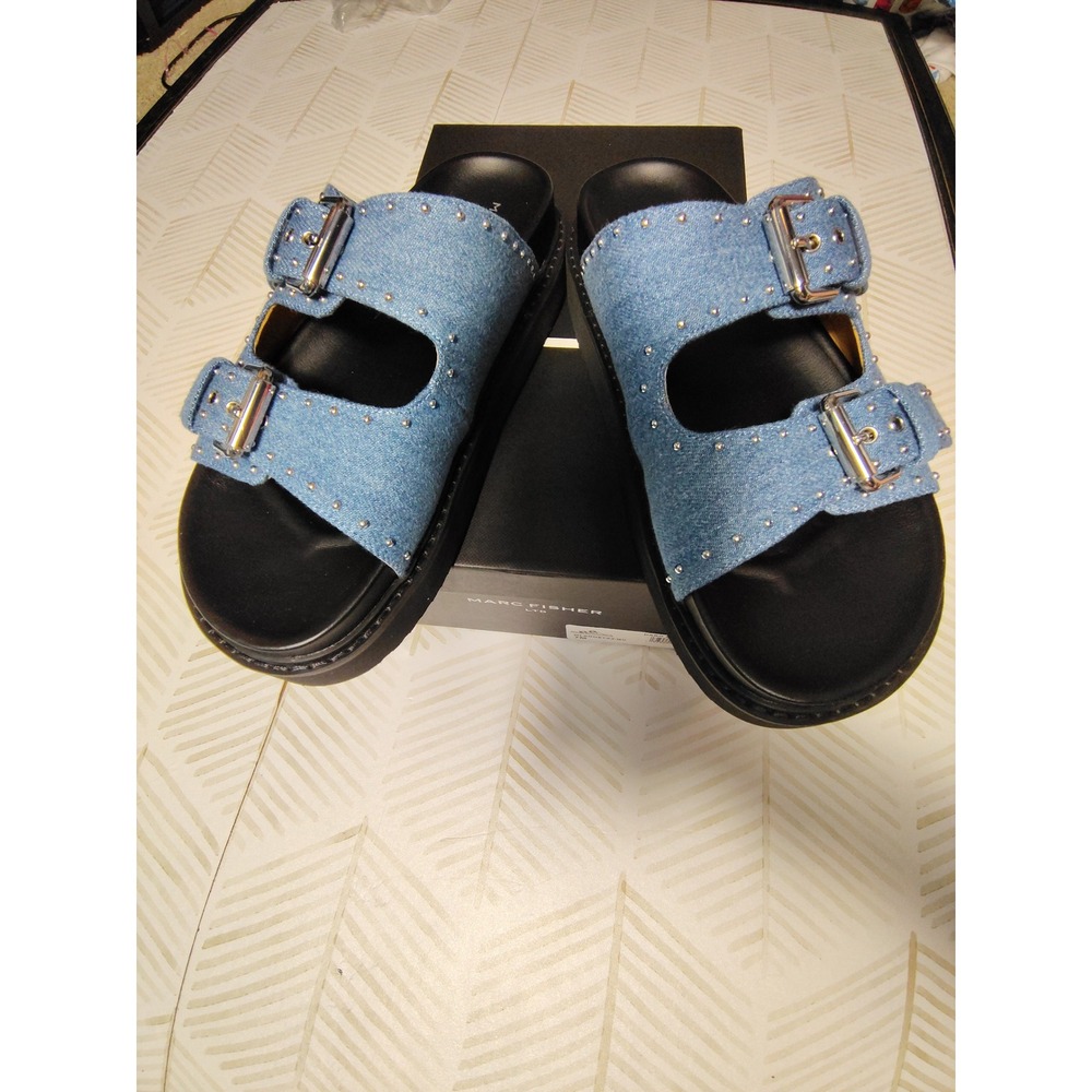 Marc Fisher LTD Agusta Denim Studded Buckle Slide Sandals Dark Blue MLAGUSTA2-QV